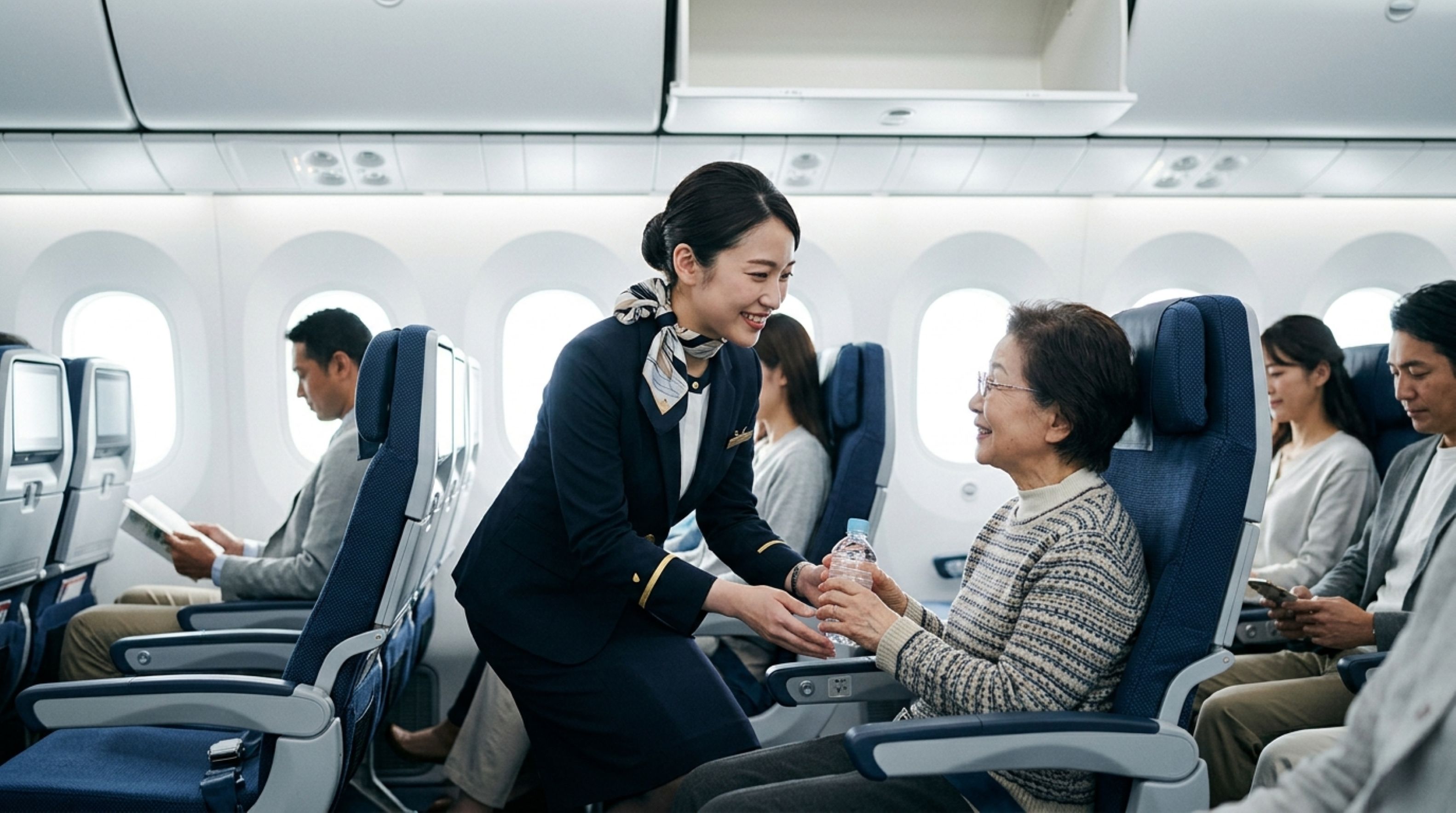 JTBツーリズムビジネスカレッジの「お仕事図鑑」CA編。飛行機の機内で、座席のシニア女性に笑顔で水を渡して優しくサポートする日本人客室乗務員のAI生成画像。キャビンアテンダントに求められる高いホスピタリティや、おもてなしの仕事内容を伝えるリアルな機内サービスの挿入写真