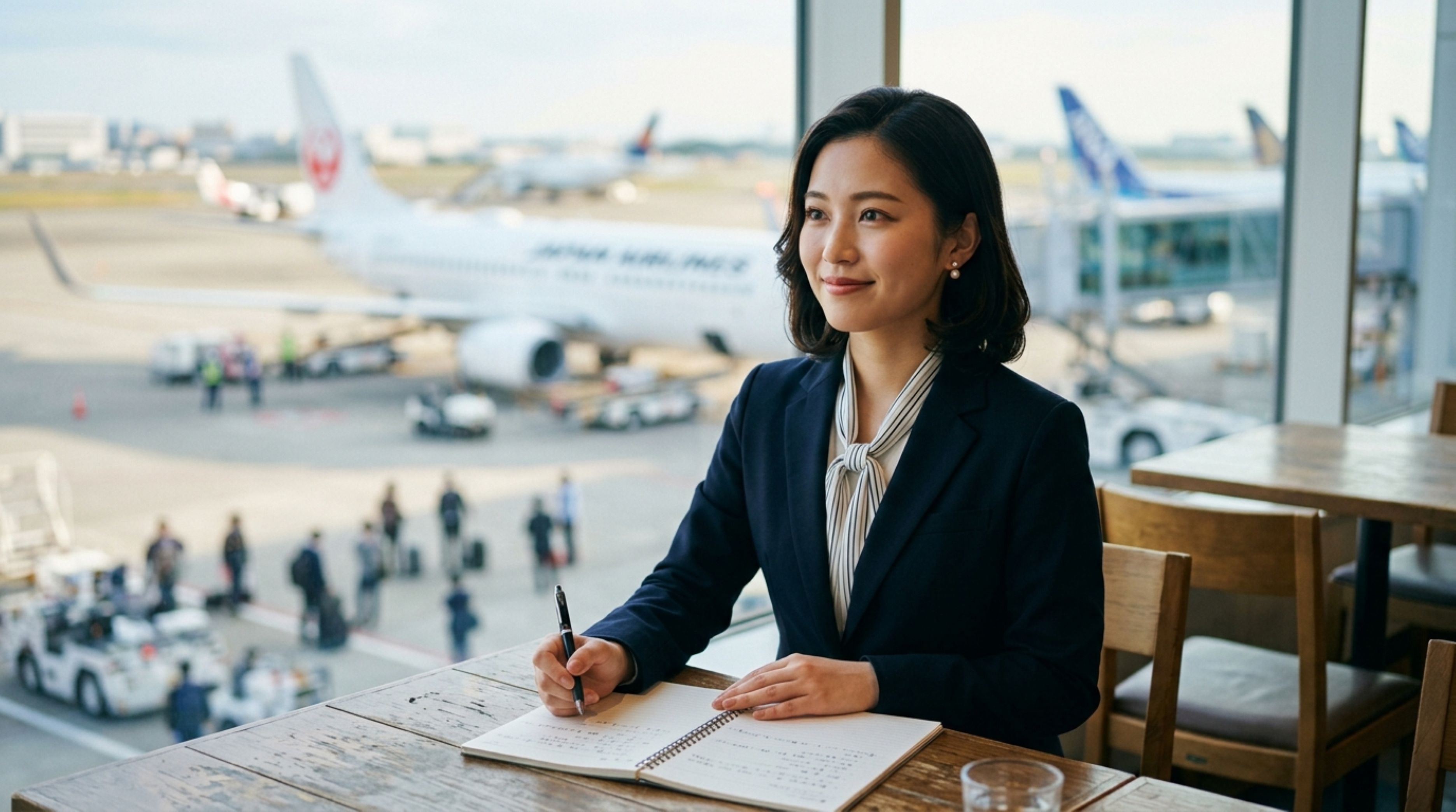 JTBツーリズムビジネスカレッジの「お仕事図鑑」CA編。複数の旅客機が見える空港の窓辺で、ペンとノートを手に凛とした笑顔を浮かべる、客室乗務員を目指す若い日本人女性のAI生成画像。キャビンアテンダントの夢に向かって学ぶ学生の姿や、航空業界への進路対策を伝える挿入写真