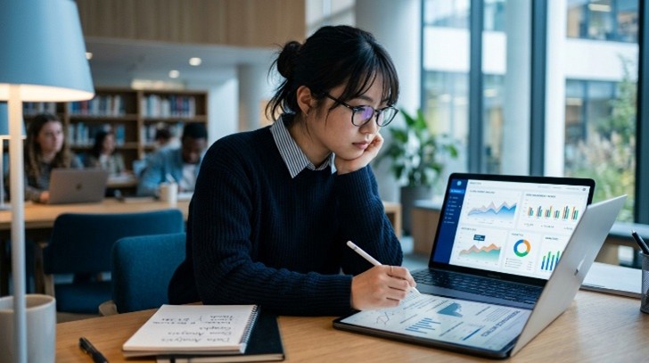 おしゃれな図書館でノートパソコン、タブレットを広げ勉強をしている女性のイメージ画像。