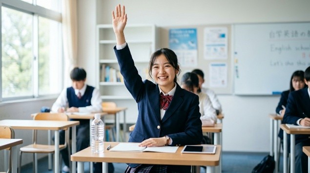 教室での授業中に笑顔で手をあげている高校生のイメージ画像。